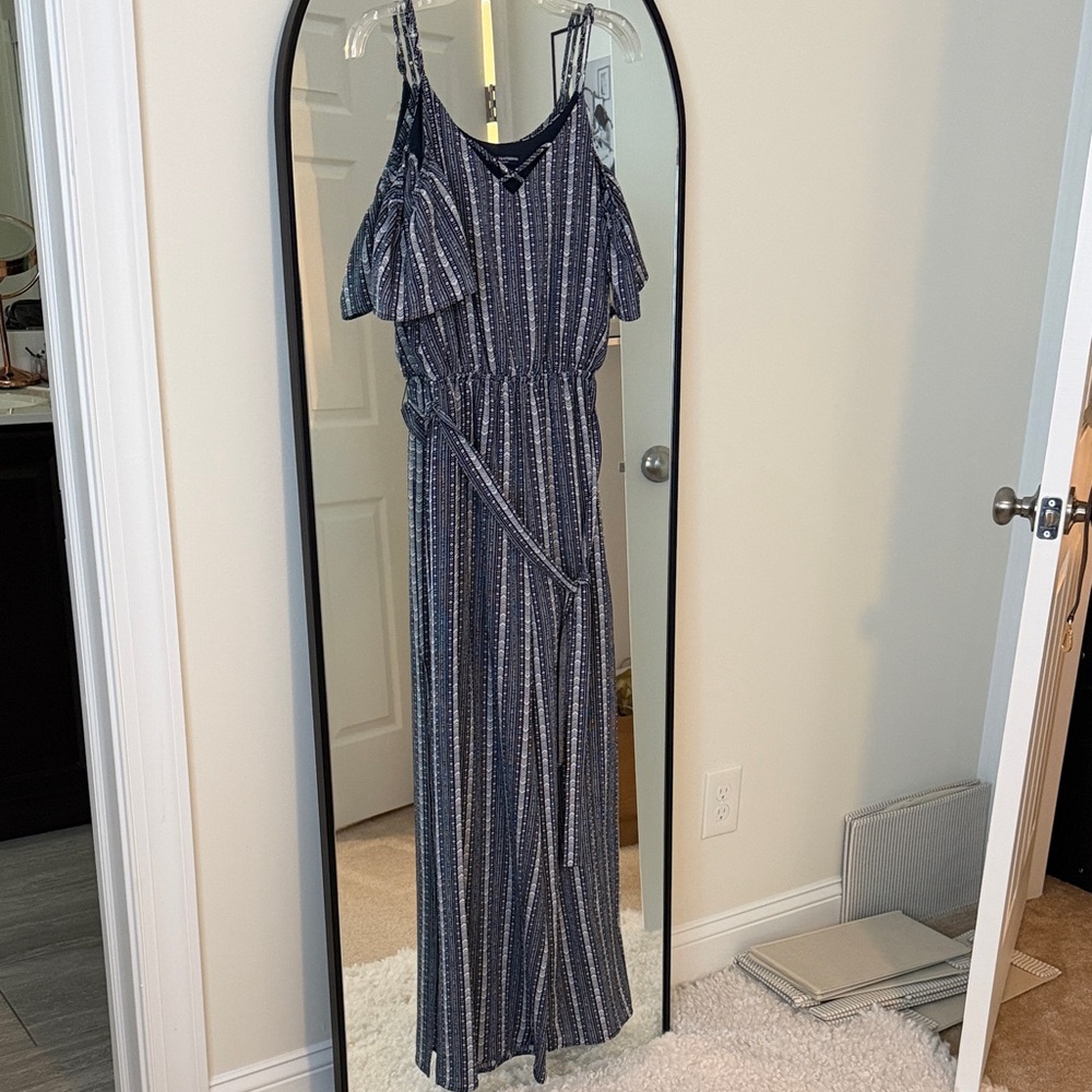 Navy Striped Cold-Shoulder Jumpsuit with Self-Tie Waist